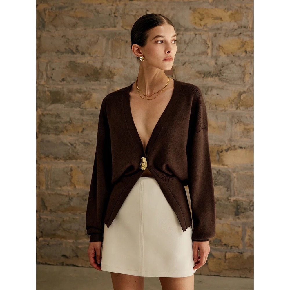 Commense Brown Cardigan with Gold Clasp Button Long Sleeve V Neck Sweater Top M‎